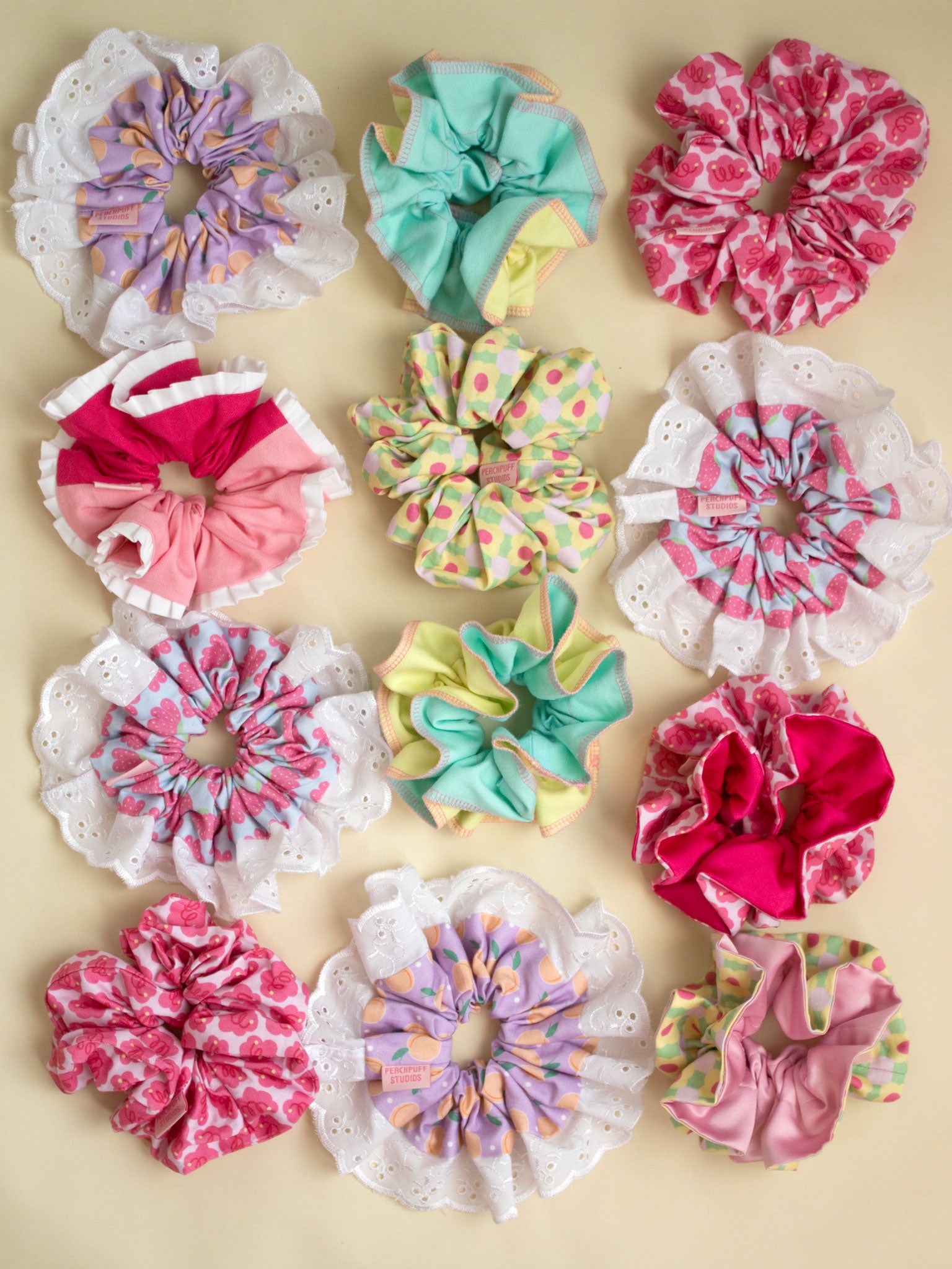 Strawberry Flowers Lace Trim Oversized Scrunchie