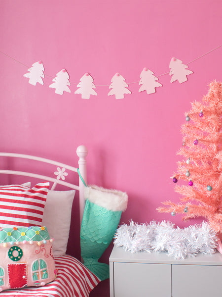 Christmas Tree Pom Pom Paper Bunting - Pink