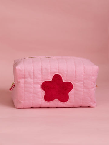 Pink Fluffy Flower Detailed Quilted Makeup Bag