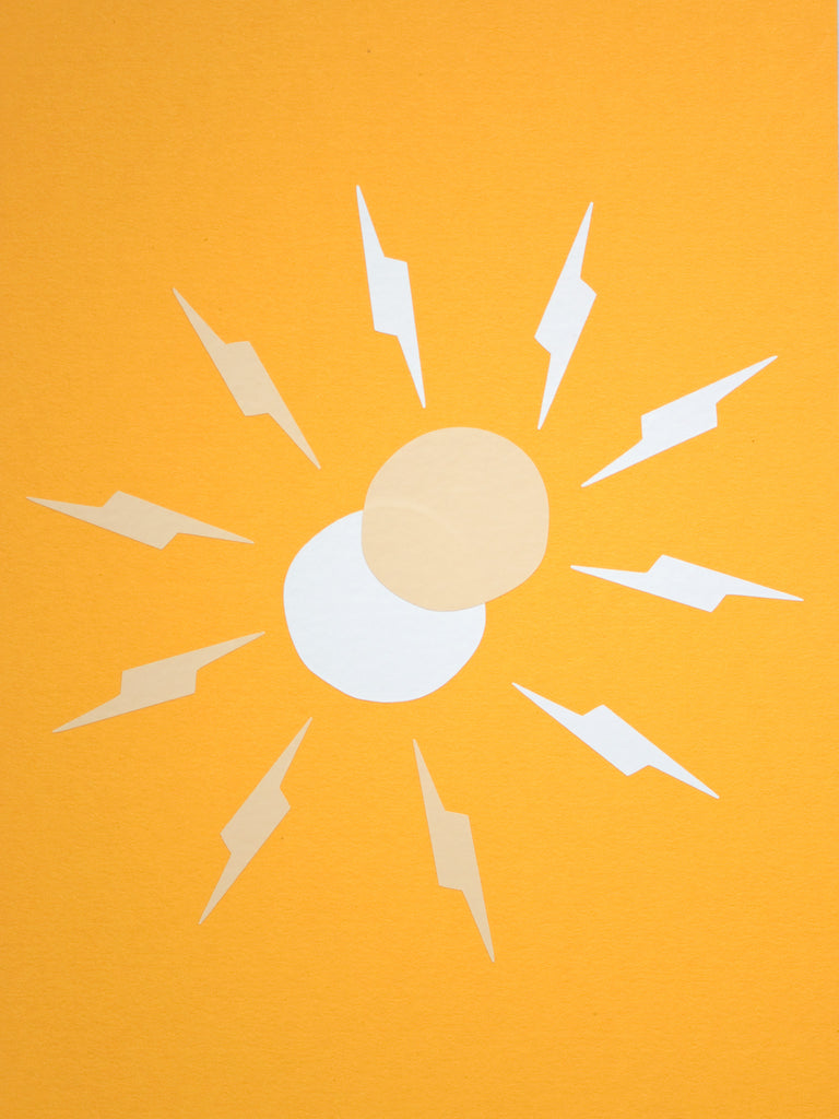 An art print of a simple beige and white sun with thunderbolt rays overlapping each other on an orange background.