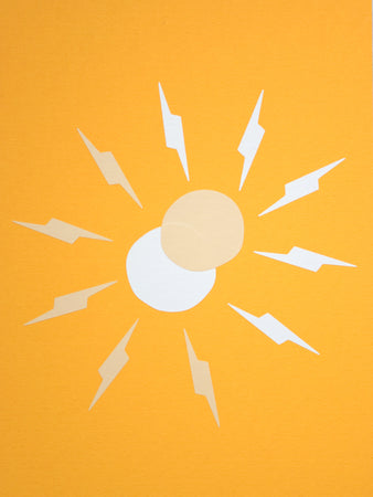 An art print of a simple beige and white sun with thunderbolt rays overlapping each other on an orange background.